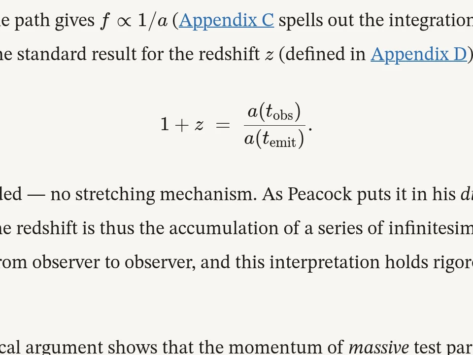 An essay detail centered on the redshift formula: 1 plus z equals the ratio of scale factors