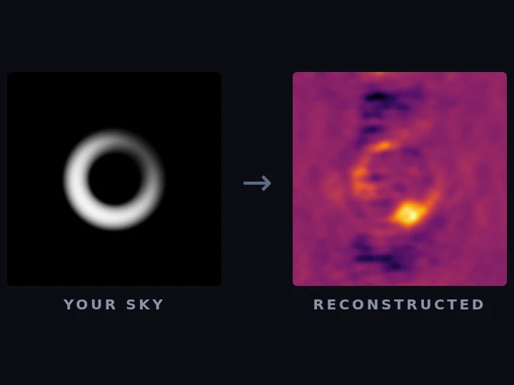 A drawn crescent sky next to its reconstruction by a simulated Earth-sized telescope
