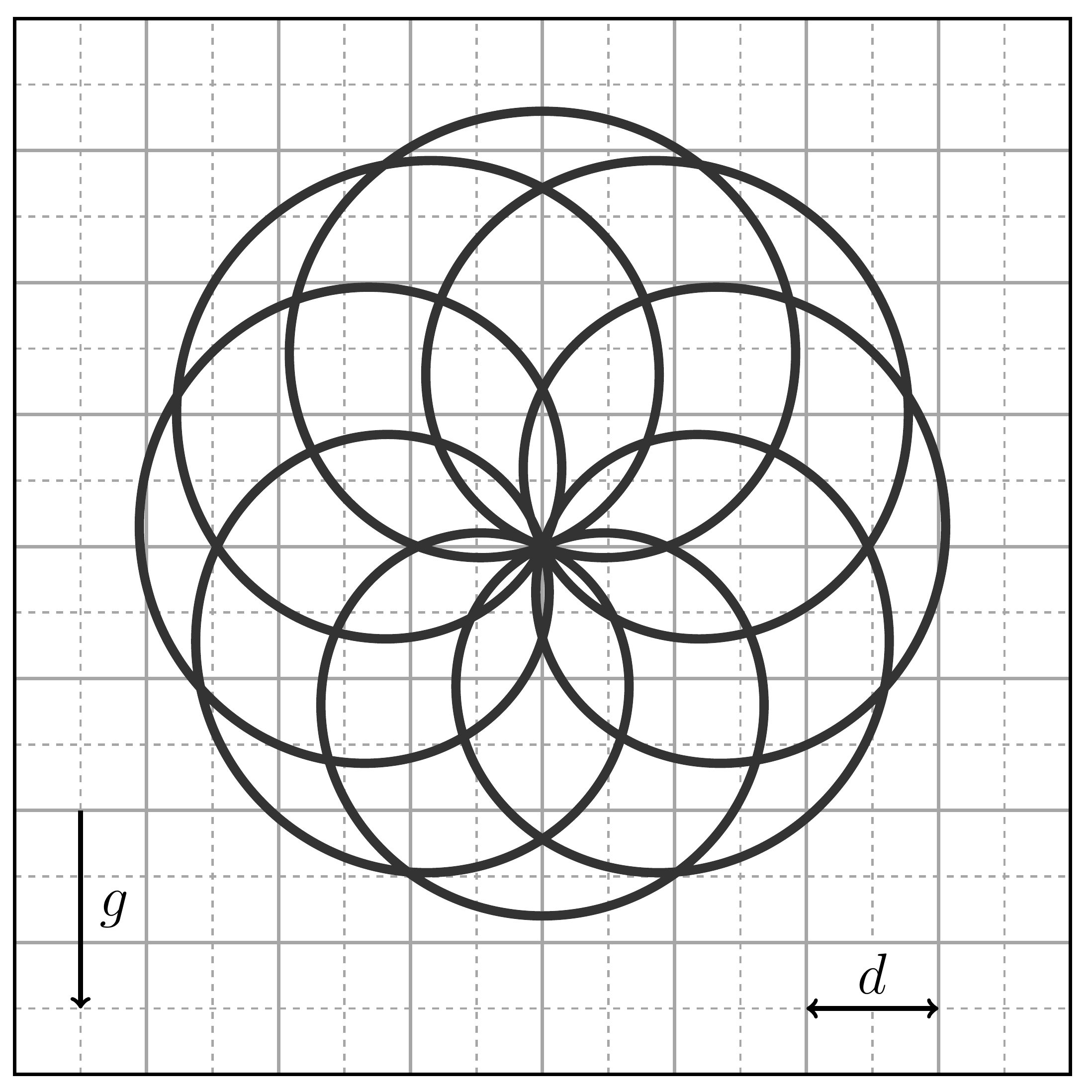 Graph: A complex flower-like rosette trajectory composed of overlapping circular loops, drawn on a square grid with grid spacing d, with a downward gravity arrow g indicated.